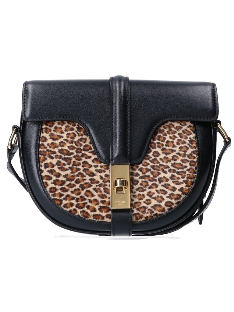 Celine 19 Black Calfskin Calf Hair Leopard Print Small Besace 16 Shoulder Bag